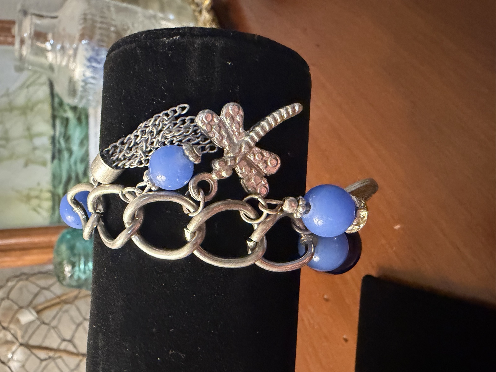 Blue bead charm bracelet with tassel