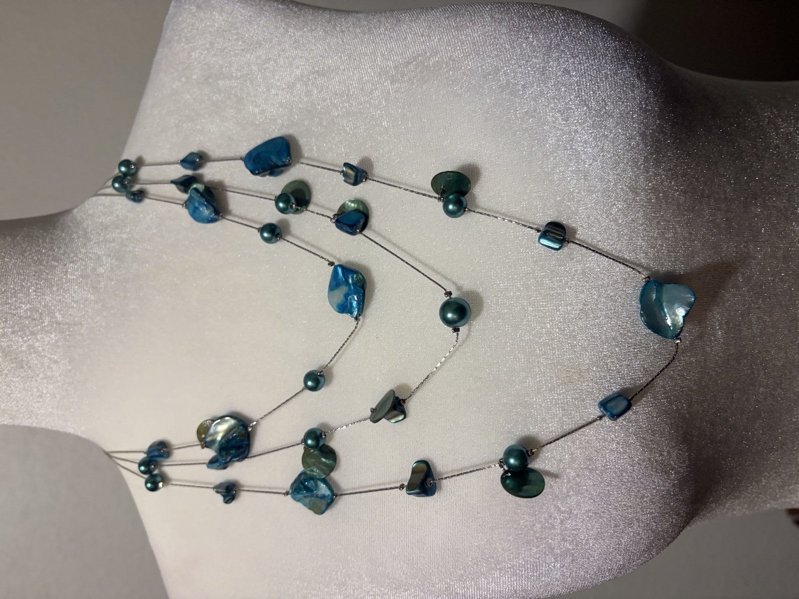 Layered blue-green shell-look beaded necklace
