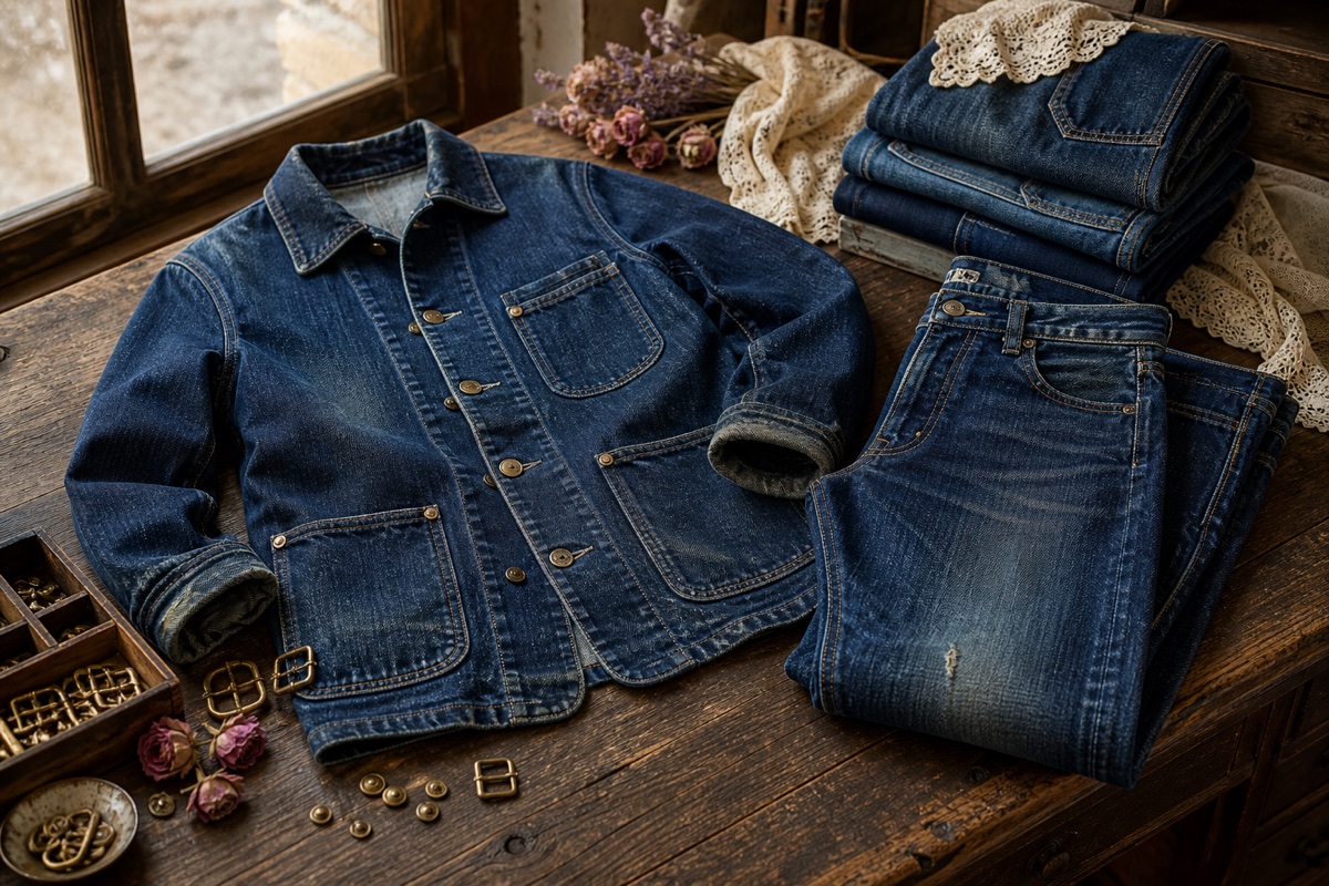 Indigo denim jacket and jeans arranged on a vintage mercantile table