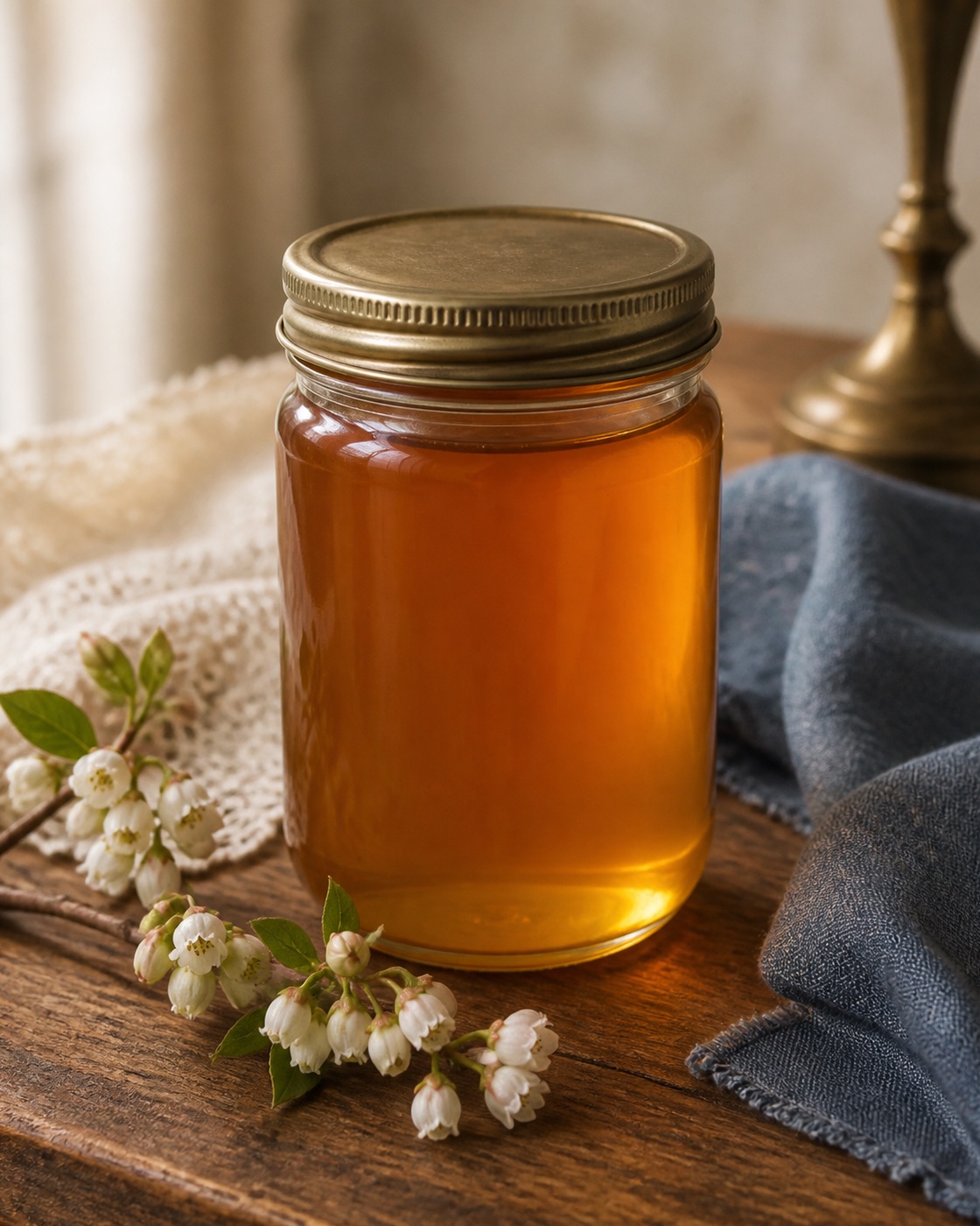 Clear glass jar of amber blueberry-blossom honey with delicate blossom sprigs