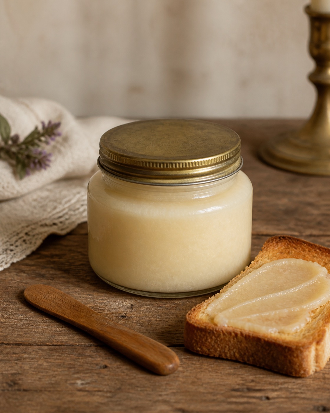 Squat glass jar of pale creamed honey with toast and a wooden spreader