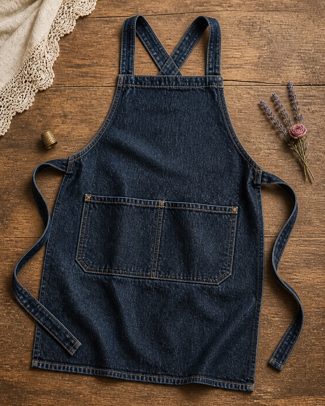 Cross-back denim work apron with roomy patch pockets