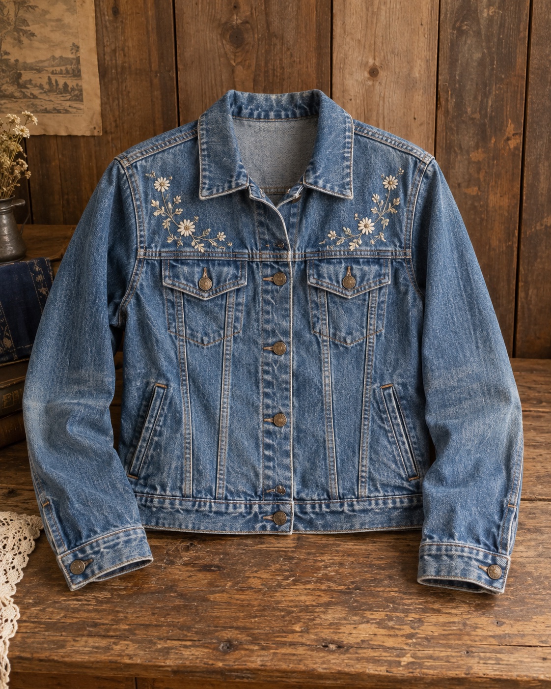 Medium-wash denim jacket with small cream wildflower embroidery