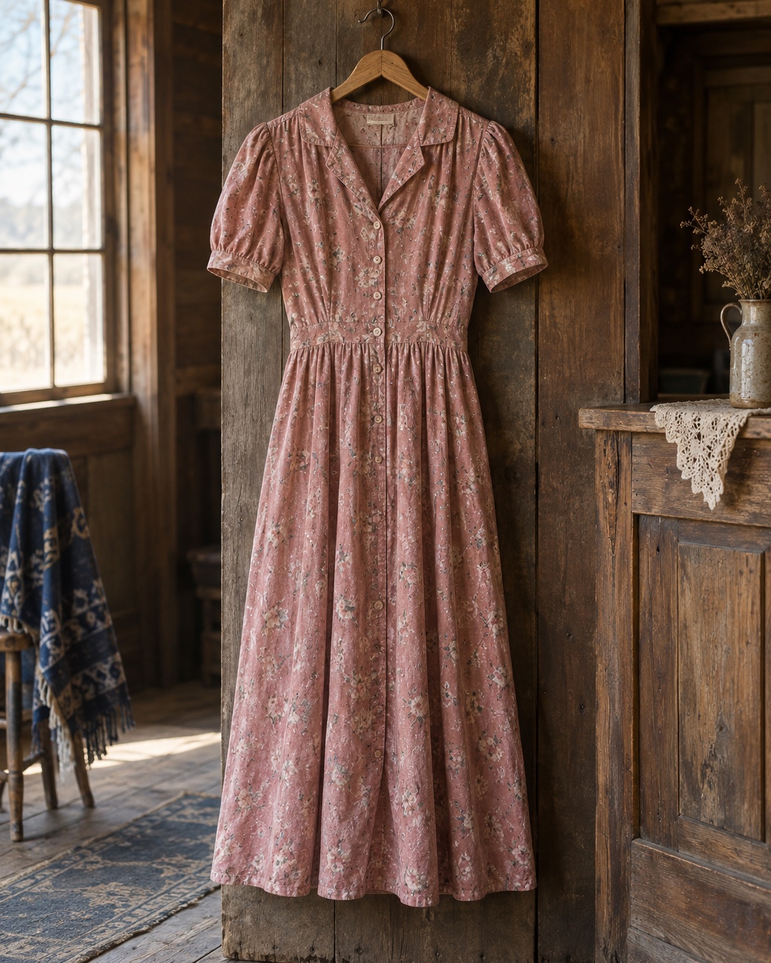 Dusty-rose floral cotton tea dress on an antique wooden hanger