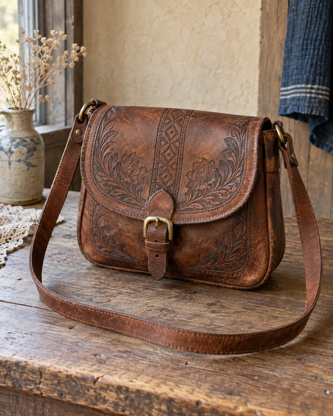 Well-kept hand-tooled brown leather shoulder satchel